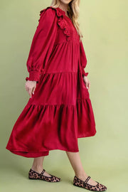 Solid Color Ruffle Trim Tiered Midi Dress, model styling view