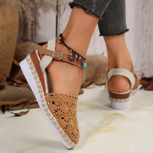 Brown crochet espadrille wedge sandals with adjustable ankle strap and beaded anklet.
