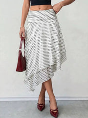 Polka Dot Asymmetrical Hem Midi Skirt in White, front view