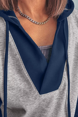 Color Block V Neck Drawstring Hoodie in Gray, model styling view