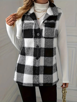 Textured black and white buffalo check buttoned vest jacket with a fuzzy finish.