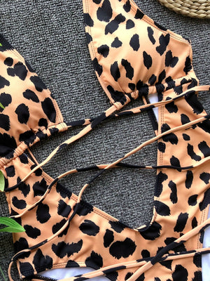 One-piece swimsuit with leopard print, plunging neckline, and crisscross straps.