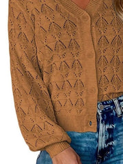 V-neck Openwork Button-down Knit Cardigan in White, fabric detail