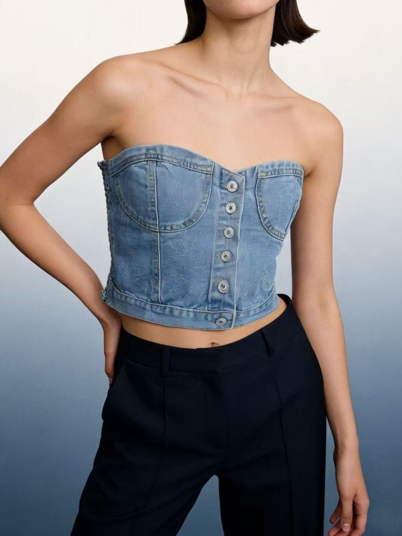 Structured denim tube top with button detail, strapless, cropped, cotton blend