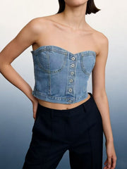 Structured denim tube top with button detail, strapless, cropped, cotton blend