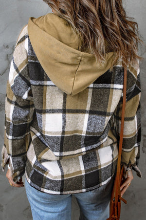 Plaid hooded shacket in tan, black, and white. Relaxed fit, casual outerwear.