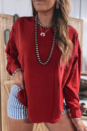 Ribbed Drop Shoulder Cutout Back Sweatshirt in Burgundy, model styling view