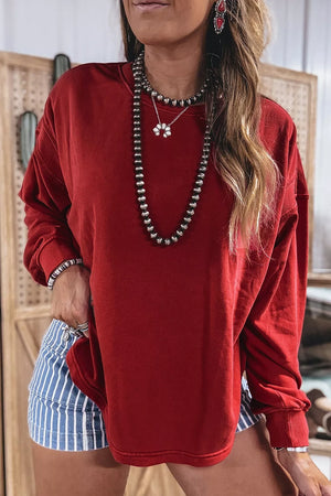 Ribbed Drop Shoulder Cutout Back Sweatshirt in Burgundy, model styling view
