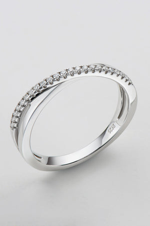 Sterling silver crossover band ring with pavé moissanite accents