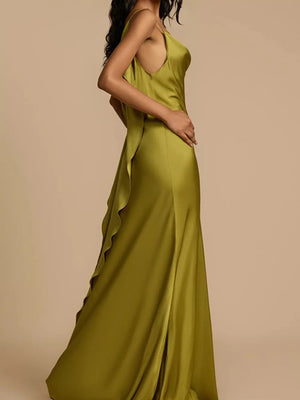 Olive green satin maxi dress with cowl neck and ruffled side detail.