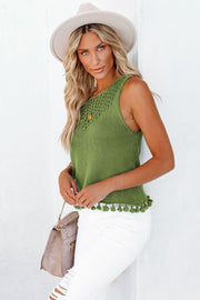 Matcha green openwork knit tank top with tassel trim and crochet neckline.