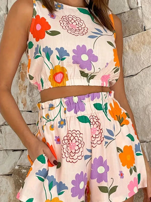 Floral crop top and shorts set with a playful multicolor floral print.