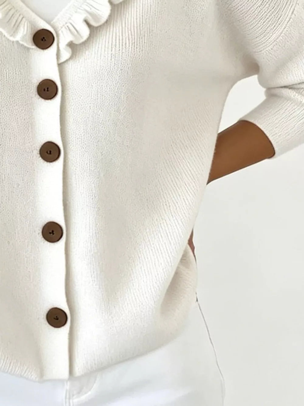 Ruffled Neckline Button-up Cardigan in White, close-up detail