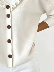 Ruffled Neckline Button-up Cardigan in White, close-up detail