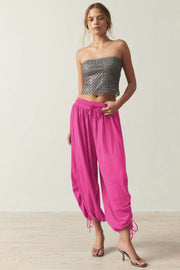 Hot Pink gathered ankle-tie balloon trousers with drawstring waist