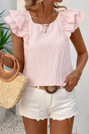 Blush pink blouse with ruffle cap sleeves and square neckline.