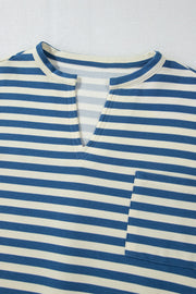 Peacock blue striped textured henley top with a V-neck and chest pocket.