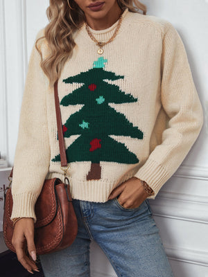 Cream acrylic knit sweater with a green Christmas tree intarsia pattern and crew neck.