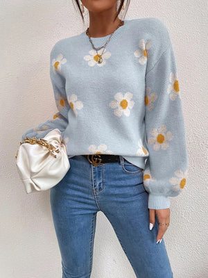 Daisy Field Puff Sleeve Knit sweater in Misty Blue with allover floral print and balloon sleeves.