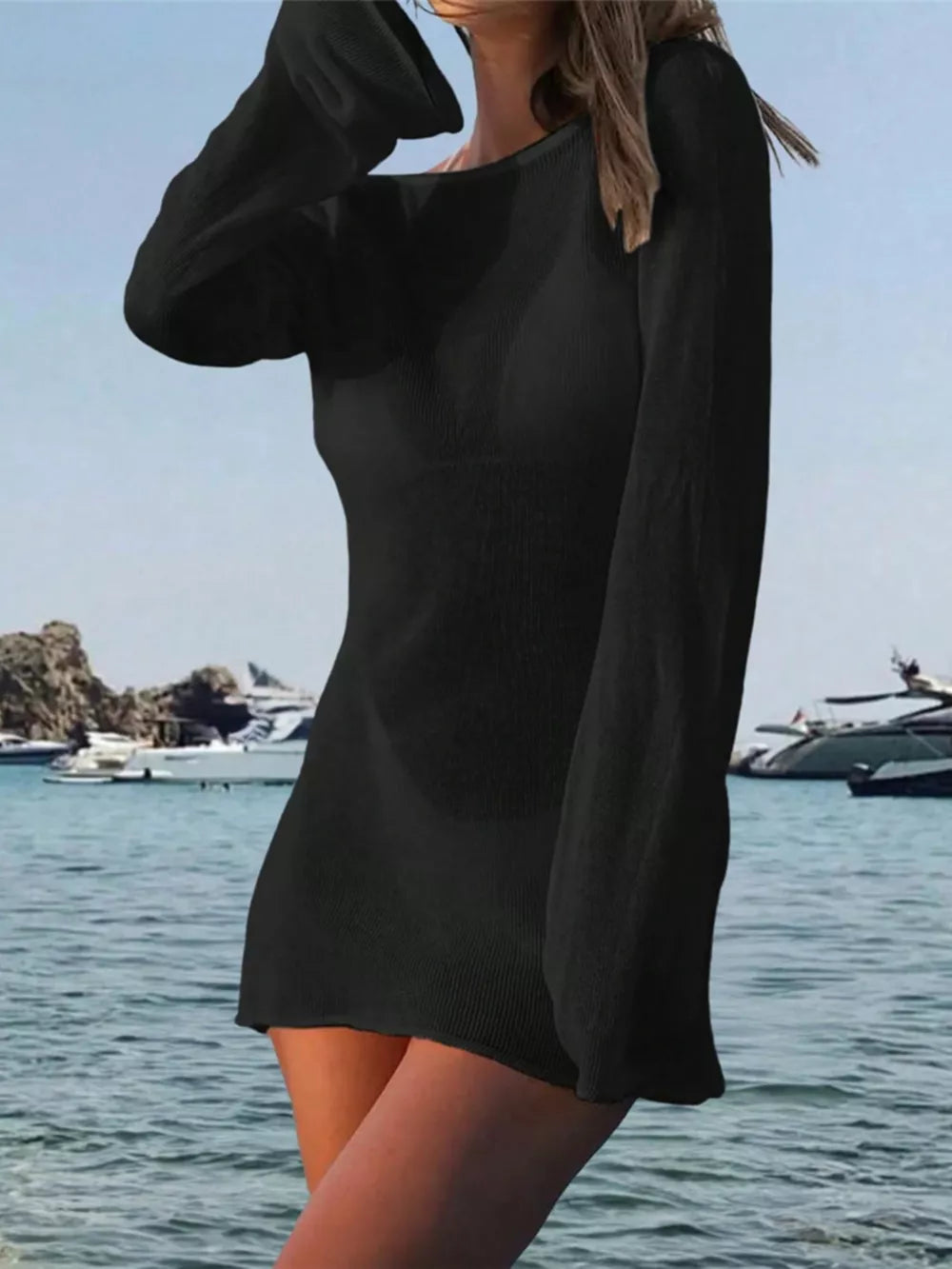Long Sleeve Cover-up Dress in Black, back view