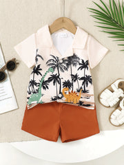 Baby boys' set with dinosaur and palm tree print shirt and burnt orange shorts