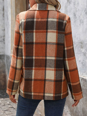 Autumnal plaid tailored blazer in ochre with a buttoned front and classic collar.