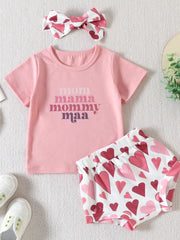 Baby girl blush pink cotton tee with mom graphic and heart print shorts set
