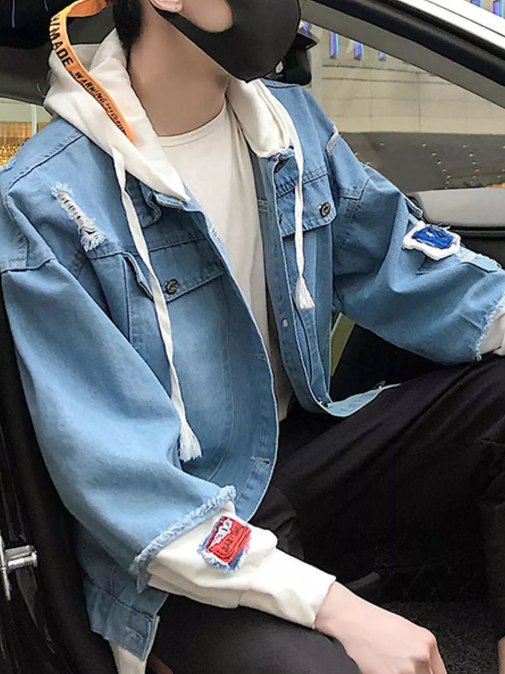 Men's Distressed Patchwork Hooded Denim Jacket in Light, side view