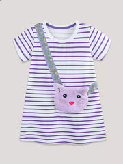 Baby girls' purple and white striped cotton dress with a lavender cat purse.