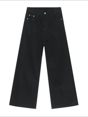 Black wide-leg denim jeans with a vintage wash and a relaxed fit.