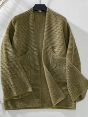Moss chunky knit open front cardigan with pockets and a textured stitch pattern.