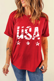 Red USA graphic tee with distressed lettering and stars, short sleeves