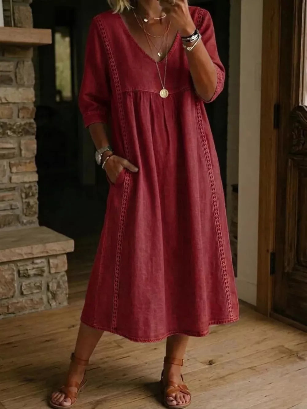 Full Size V-neck 3/4 Sleeve Midi Dress Plus Size, alternate angle