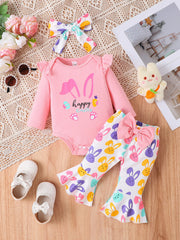 Pink baby set with bunny print bell-bottom pants and ruffled sleeves.