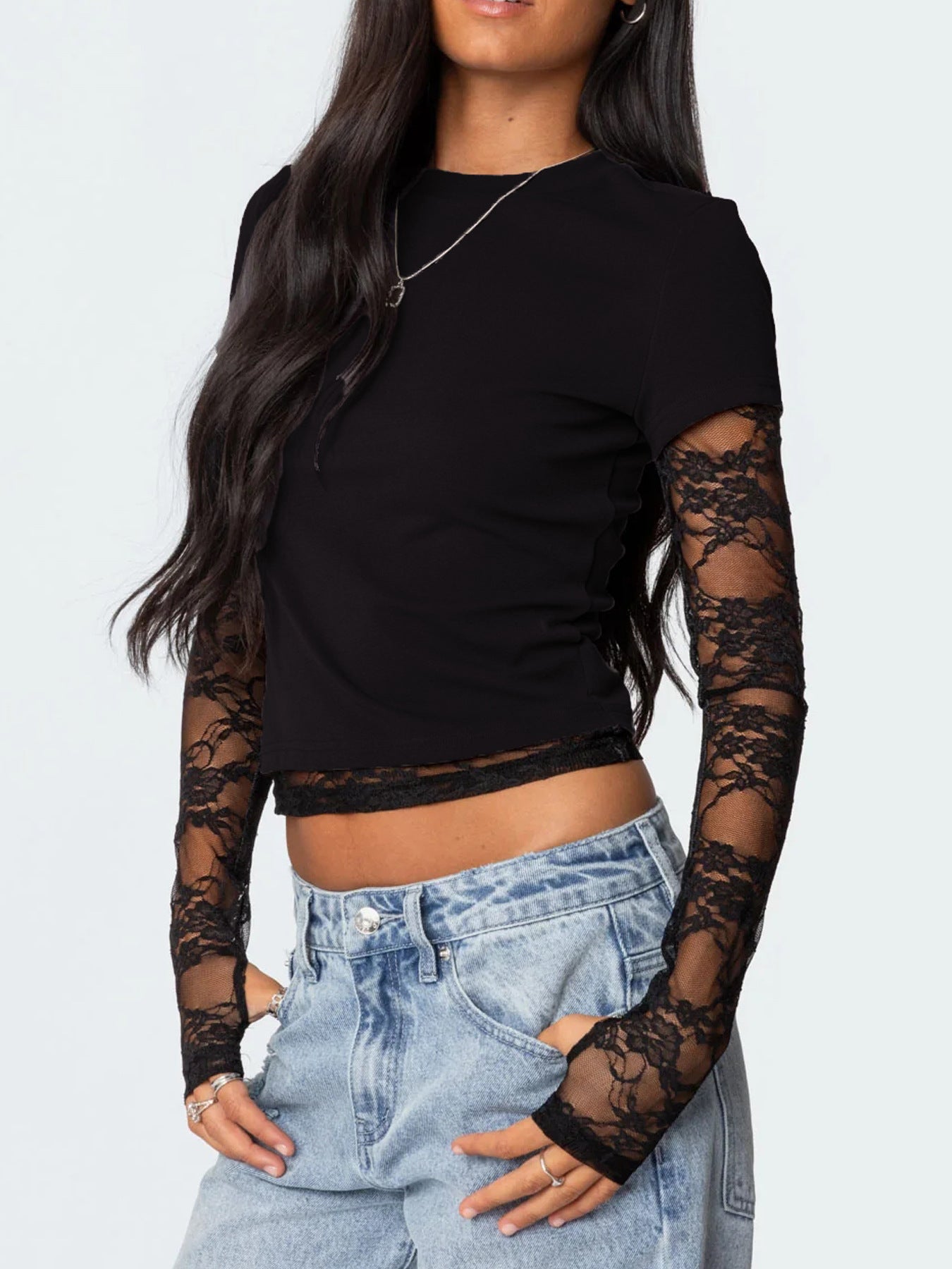 Black cropped t-shirt with lace long sleeves and crew neck.