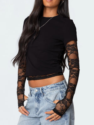 Black cropped t-shirt with lace long sleeves and crew neck.
