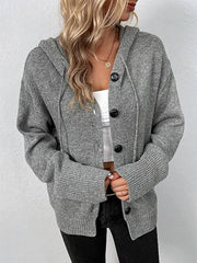 Gray ribbed knit hooded cardigan with button front and drawstring details.