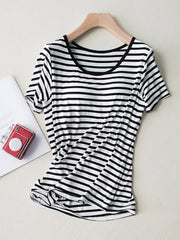 Black and white striped built-in bra tee with a scoop neck and short sleeves.