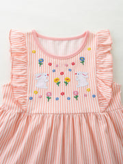 Embroidered bunny ruffle sleeve dress in pink and white stripes with floral embroidery.