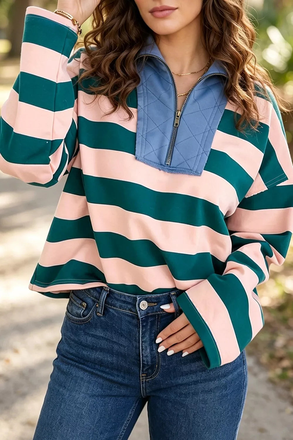 Stripe Quarter-zip Metal Zipper Top, close-up detail