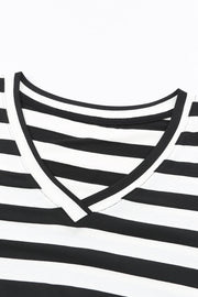 Black and white striped jersey maxi dress with V-neck detail