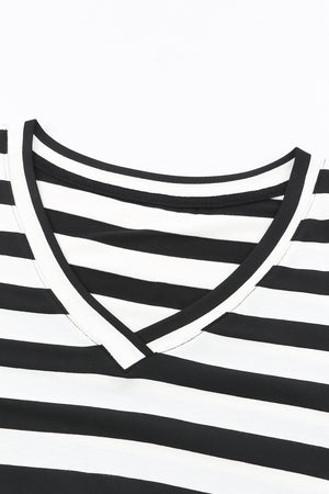 Black and white striped jersey maxi dress with V-neck detail
