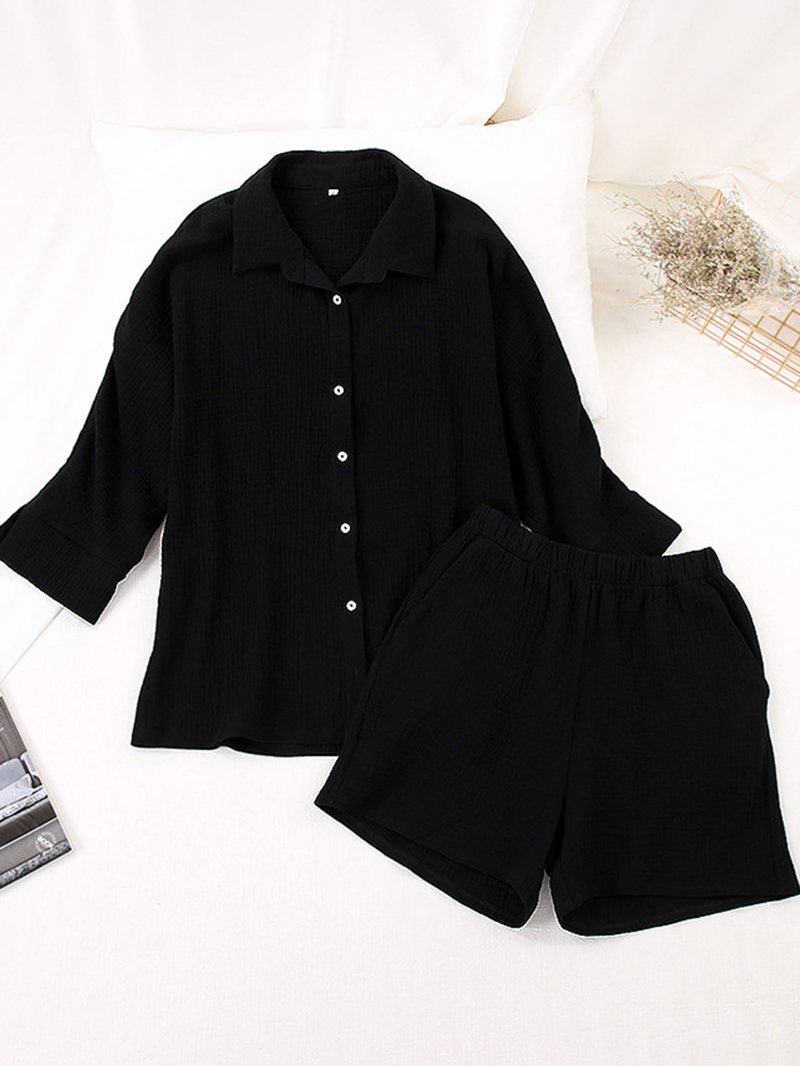 Black gauze cotton resort shirt and shorts set with button front and elastic waist shorts.