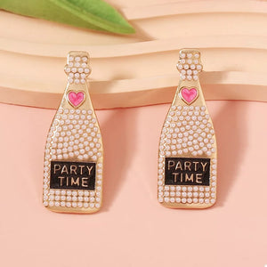 Champagne bottle drop earrings with pearls, pink heart, and PARTY TIME text.