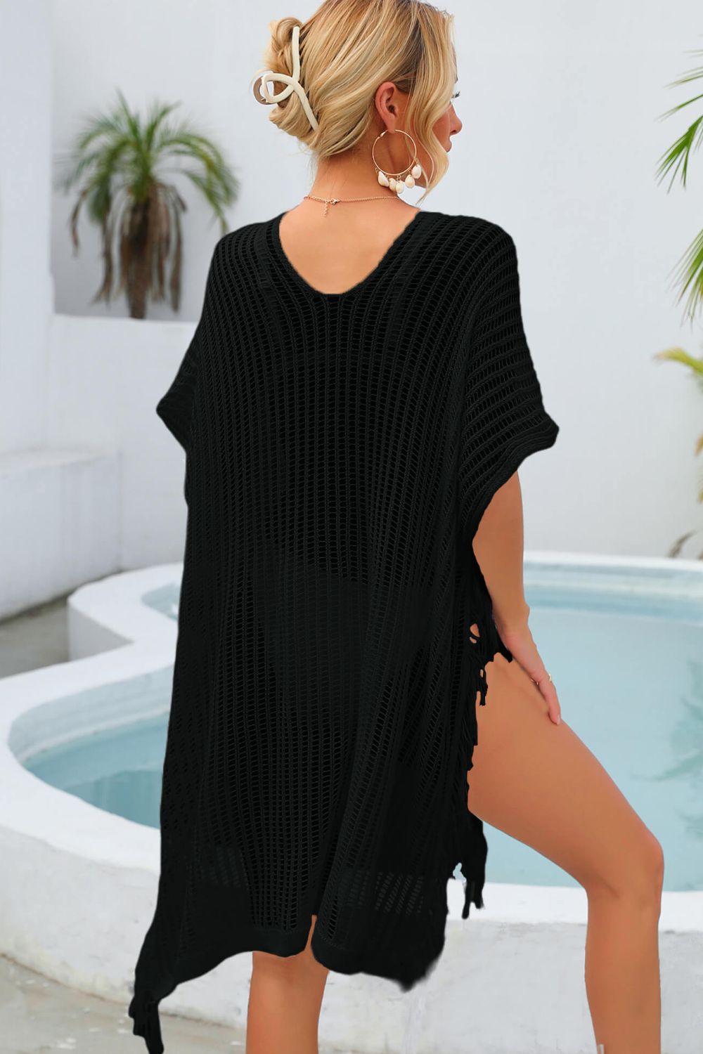 Black open-knit beach cover-up with fringe detail and V-neck