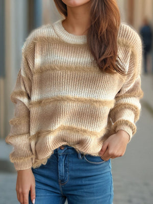 Ombre stripe fluffy knit crewneck jumper in tan with fuzzy trim detail.