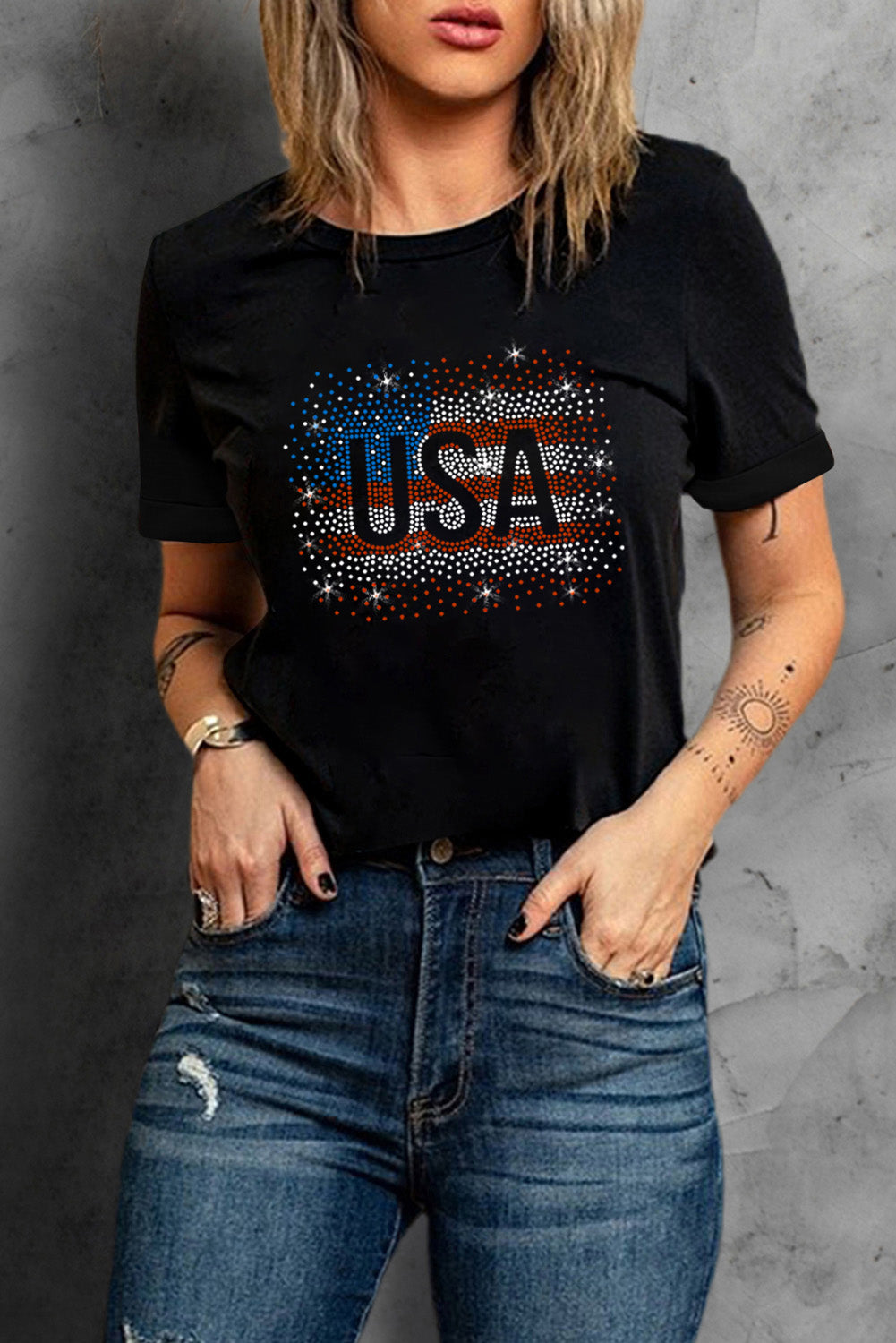 Black graphic tee with USA rhinestone American flag design