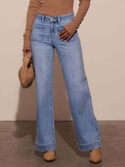 Sailor-inspired light wash wide leg denim jeans with patch pockets and a flared hem.