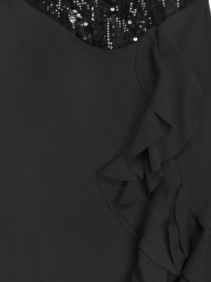 Black sequin maxi gown with ruffled detail
