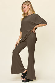 Oversized tee and flare leg pants set in mocha, casual loungewear with crew neck and short sleeves.